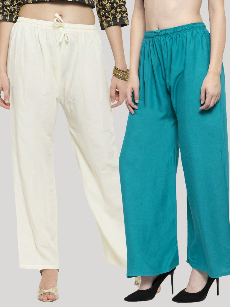 Women's Solid Off-White & Turquoise Rayon Palazzo (Pack Of 2)