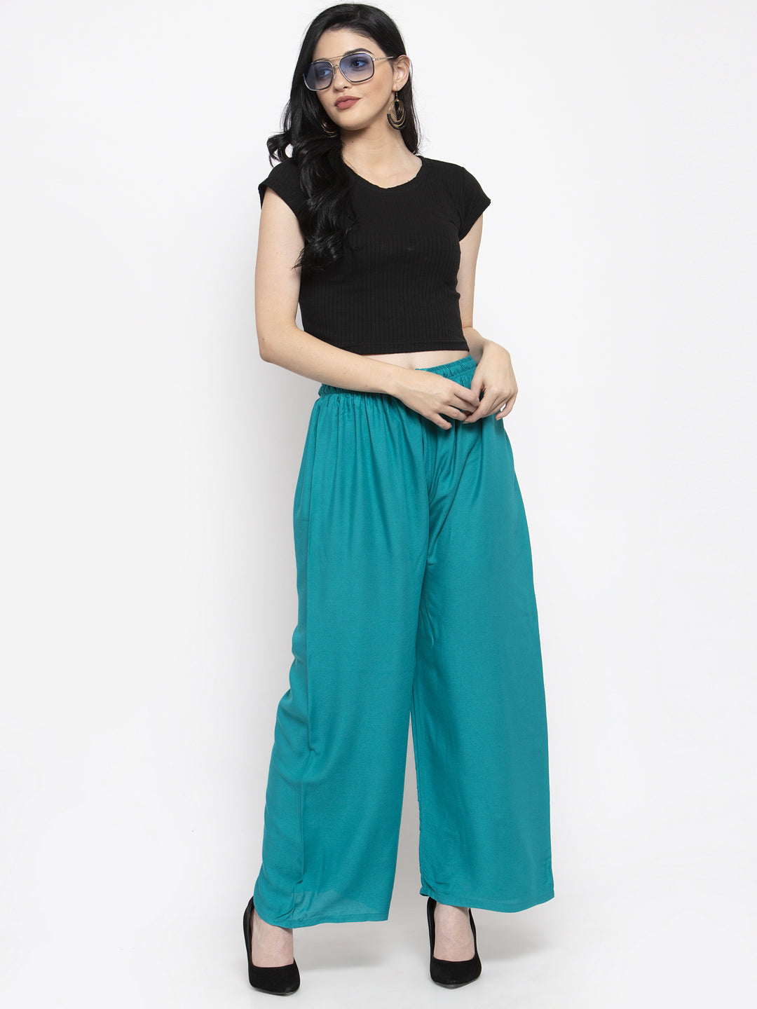 Women's Solid Off-White & Turquoise Rayon Palazzo (Pack Of 2) - Wahe-NOOR