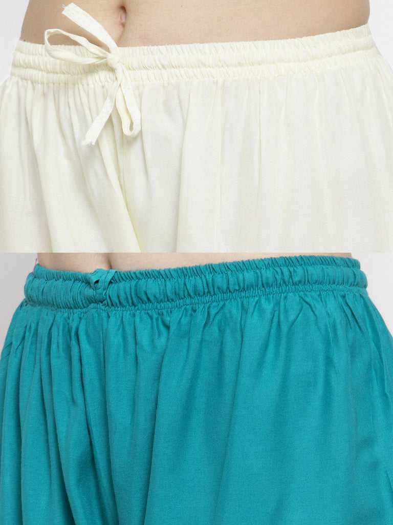 Women's Solid Off-White & Turquoise Rayon Palazzo (Pack Of 2)