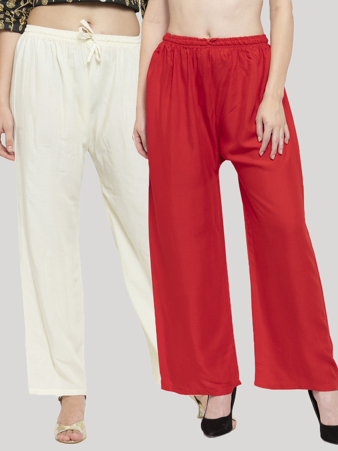 Women's Solid Off-White & Red Rayon Palazzo (Pack Of 2) - Wahe-NOOR