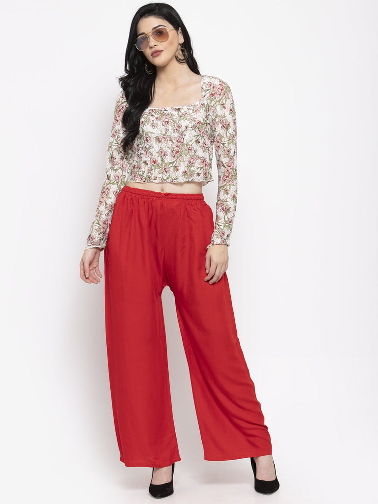 Women's Solid Off-White & Red Rayon Palazzo (Pack Of 2)