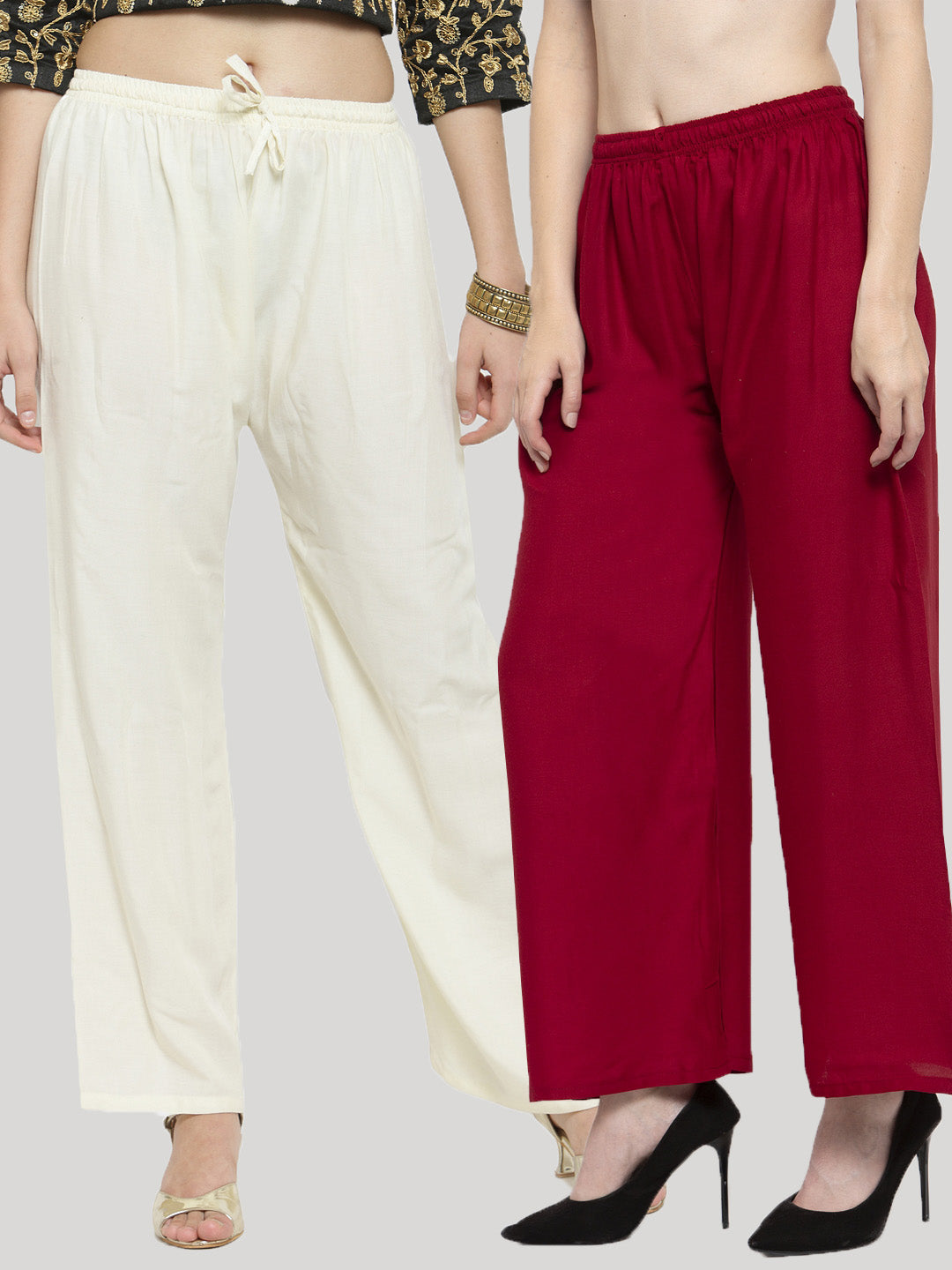 Women's Solid Off-White & Maroon Rayon Palazzo (Pack Of 2) - Wahe-NOOR
