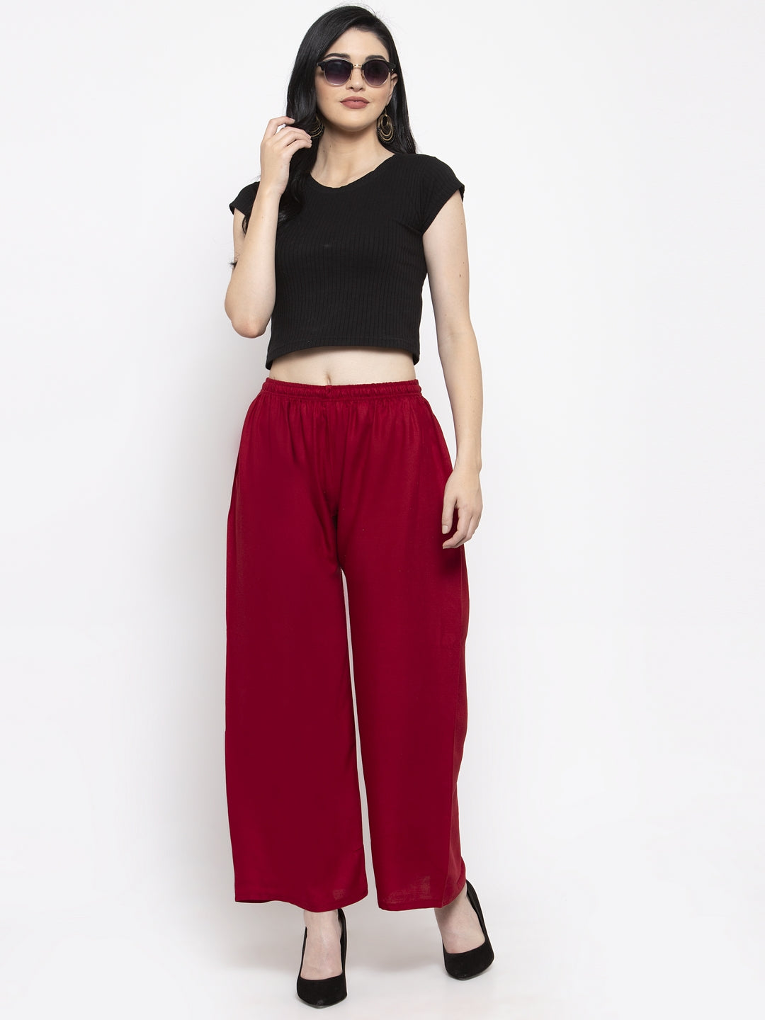 Women's Solid Off-White & Maroon Rayon Palazzo (Pack Of 2) - Wahe-NOOR