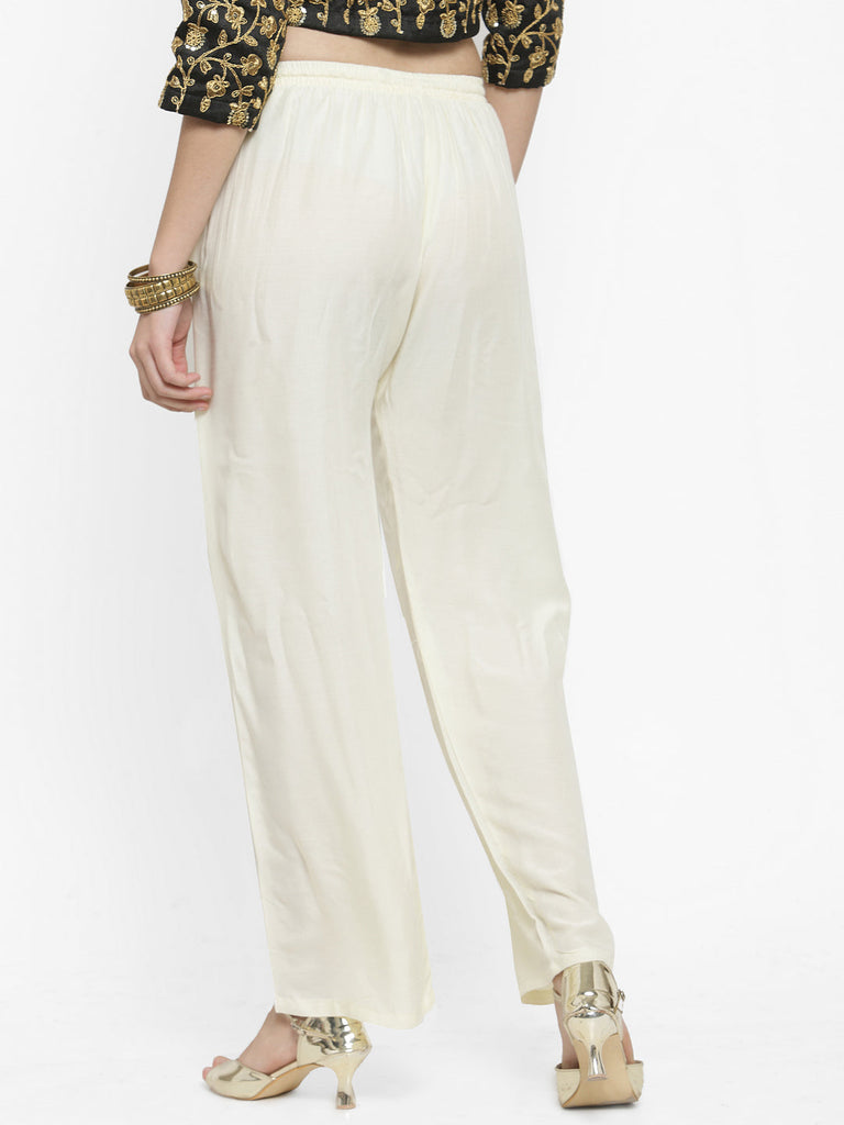 Women's Solid Off-White & Maroon Rayon Palazzo (Pack Of 2)