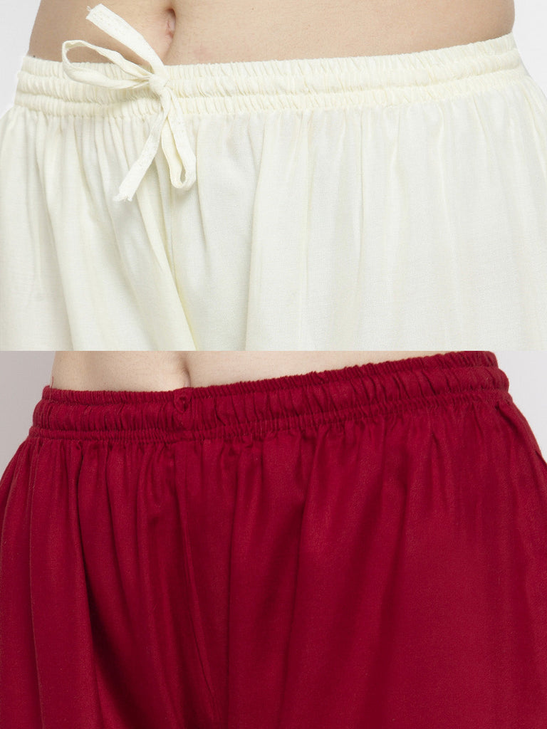 Women's Solid Off-White & Maroon Rayon Palazzo (Pack Of 2)