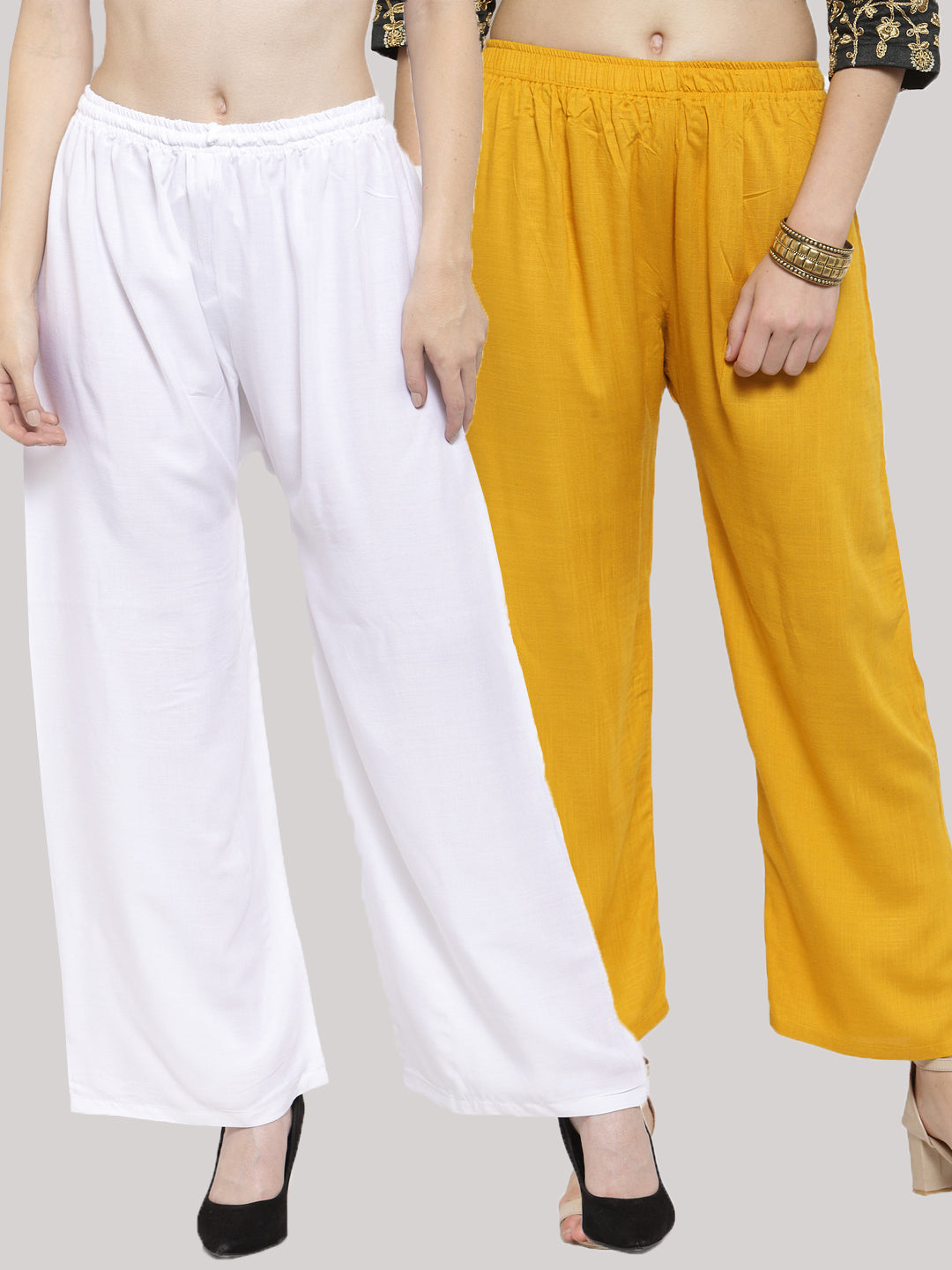 Women's Solid White & Mustard Rayon Palazzo (Pack Of 2) - Wahe-NOOR