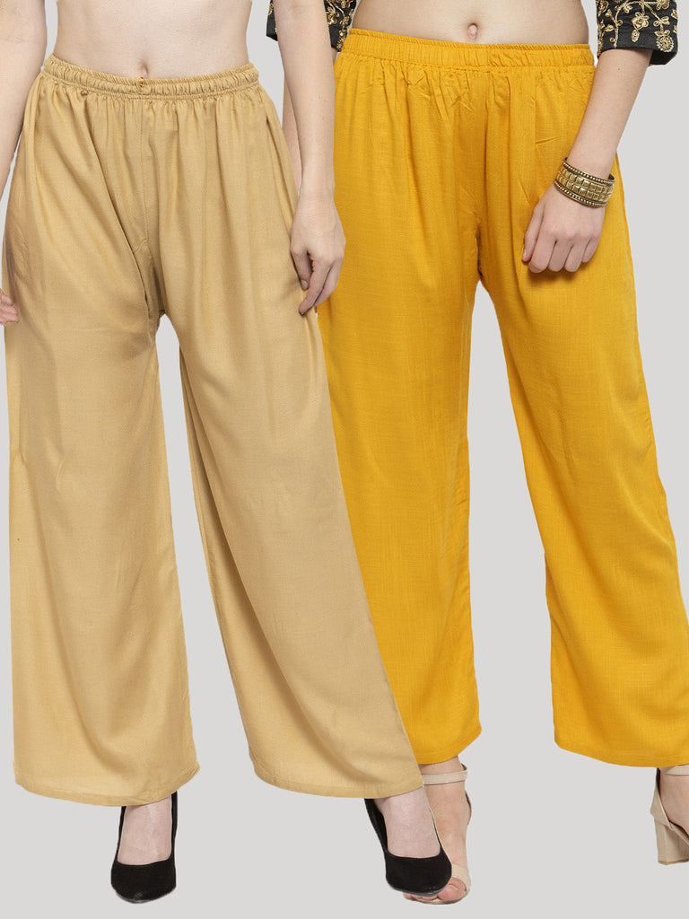 Women's Solid Fawn & Mustard Rayon Palazzo (Pack Of 2)