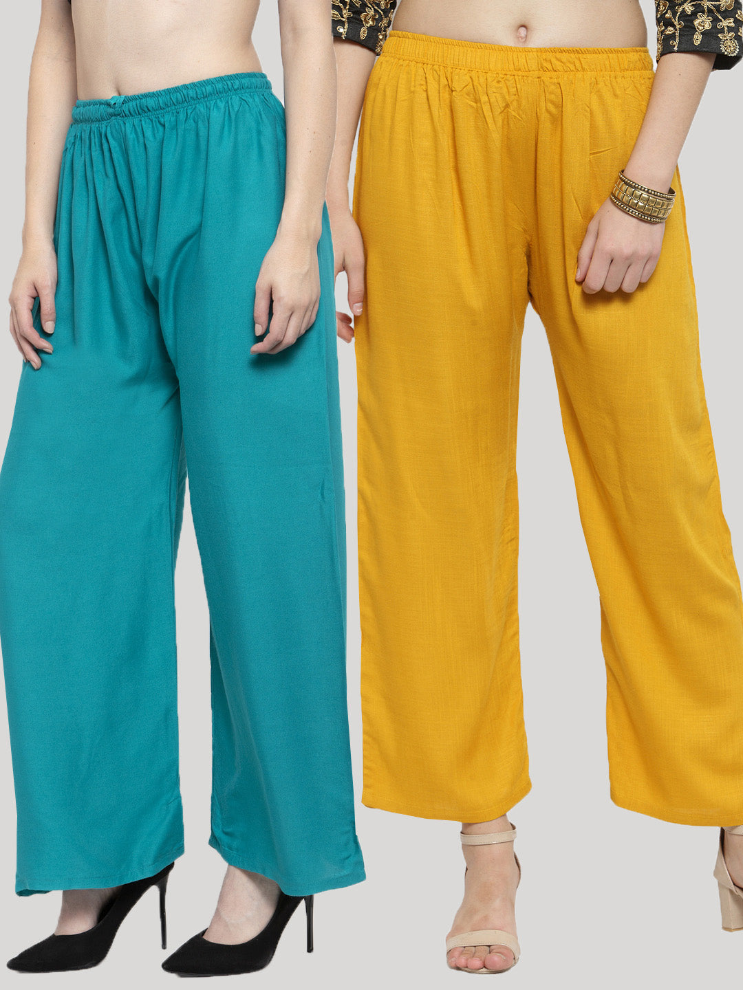 Women's Solid Mustard & Turquoise Rayon Palazzo (Pack Of 2) - Wahe-NOOR