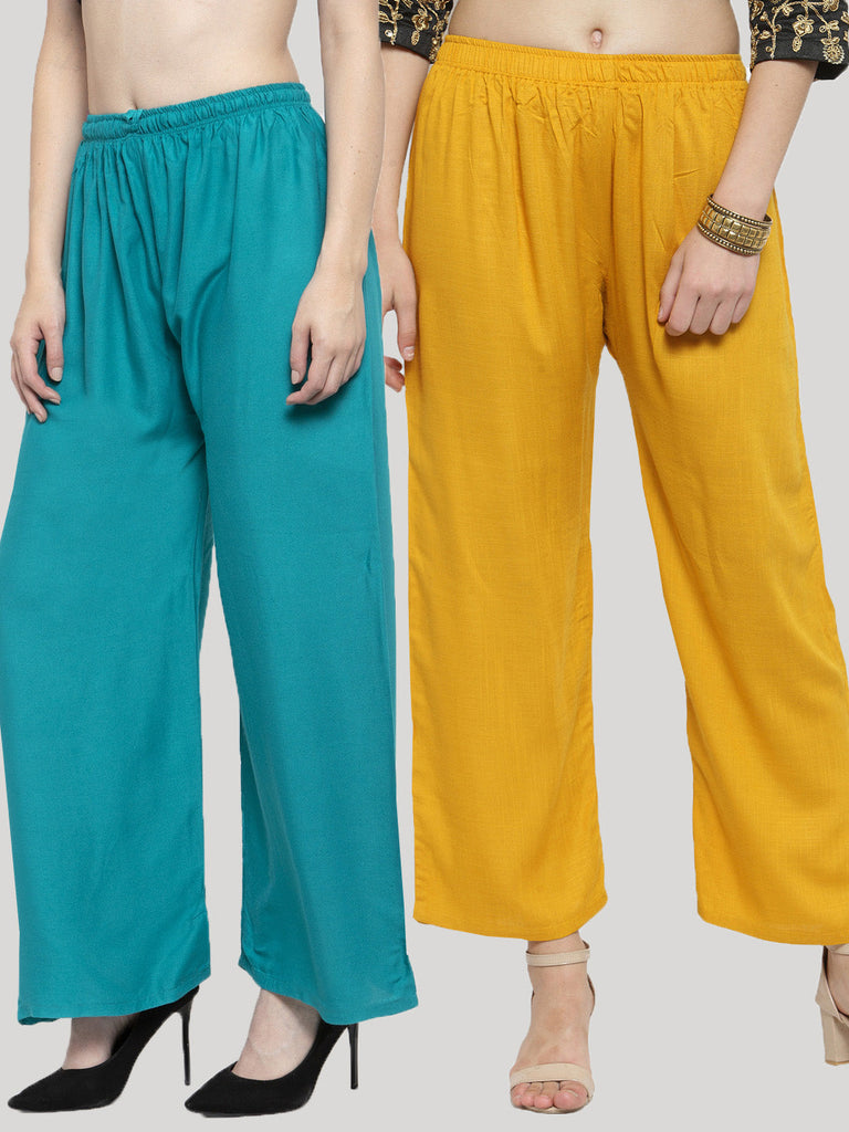 Women's Solid Mustard & Turquoise Rayon Palazzo (Pack Of 2)