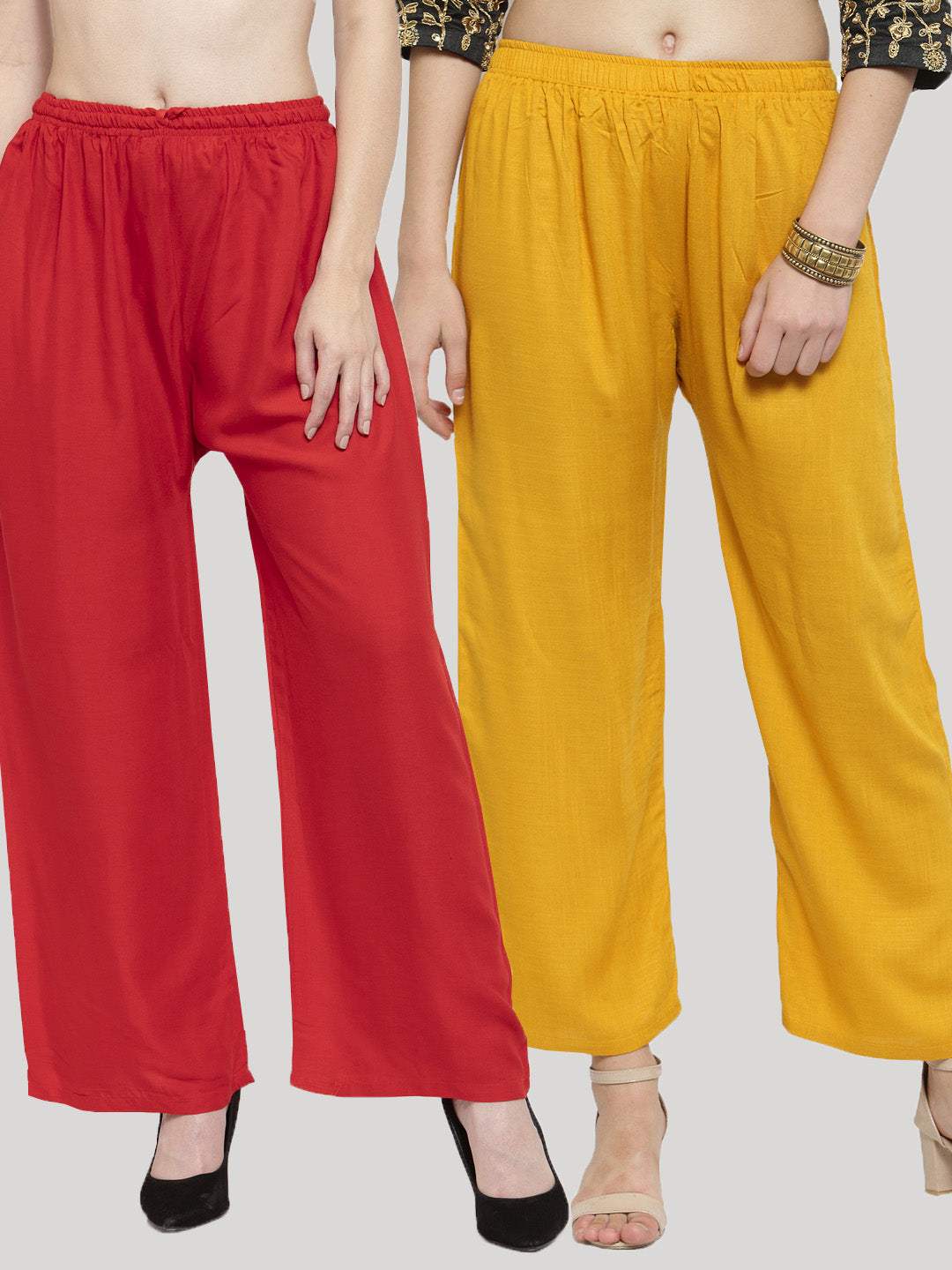 Women's Solid Mustard & Red Rayon Palazzo (Pack Of 2) - Wahe-NOOR