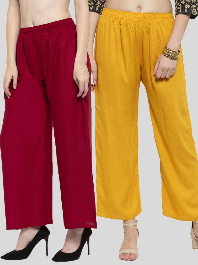 Women's Solid Mustard & Maroon Rayon Palazzo (Pack Of 2)