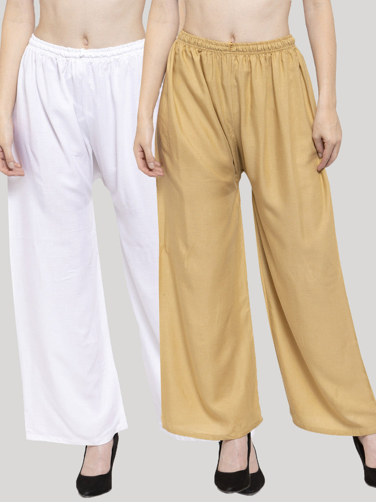 Women's Solid White & Fawn Rayon Palazzo (Pack Of 2)