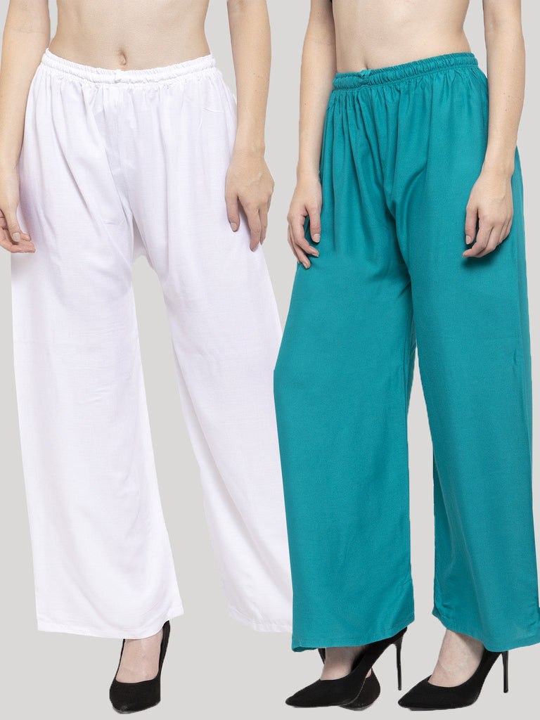 Women's Solid White & Turquoise Rayon Palazzo (Pack Of 2)