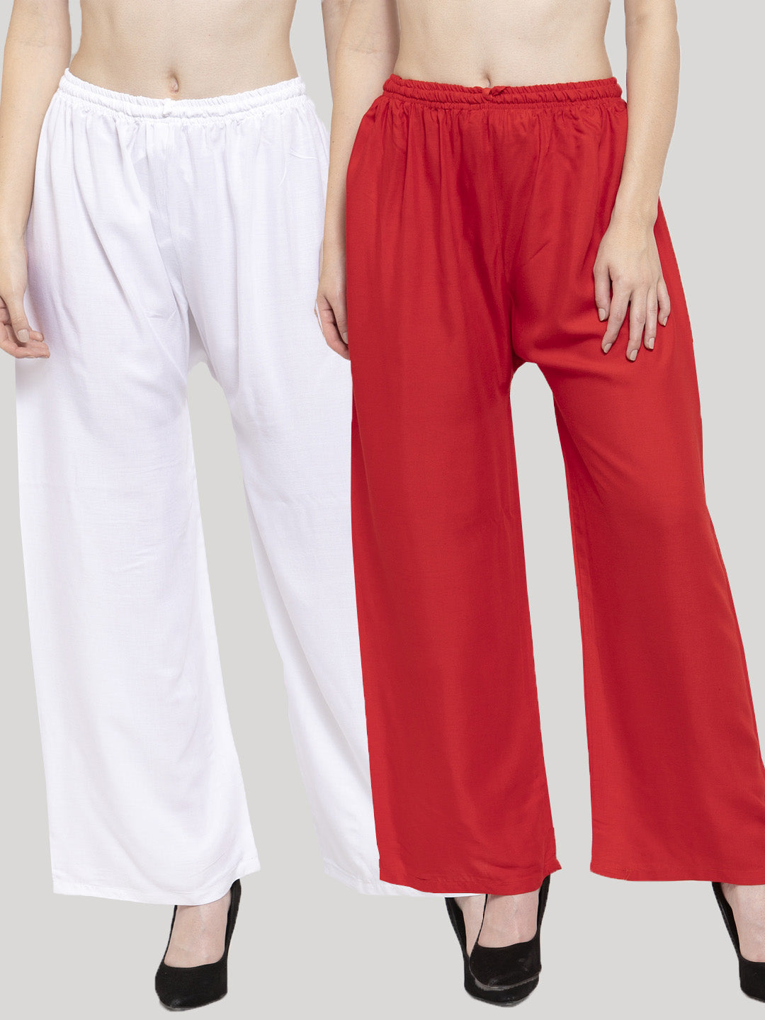 Women's Solid White & Red Rayon Palazzo (Pack Of 2) - Wahe-NOOR