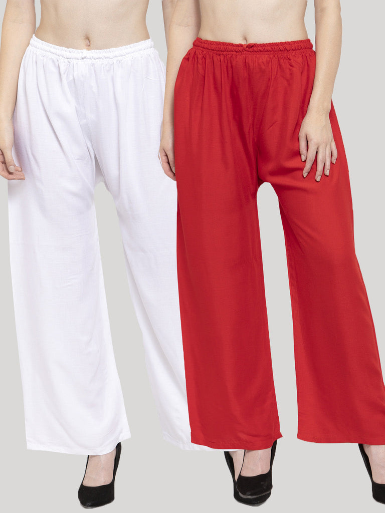 Women's Solid White & Red Rayon Palazzo (Pack Of 2)