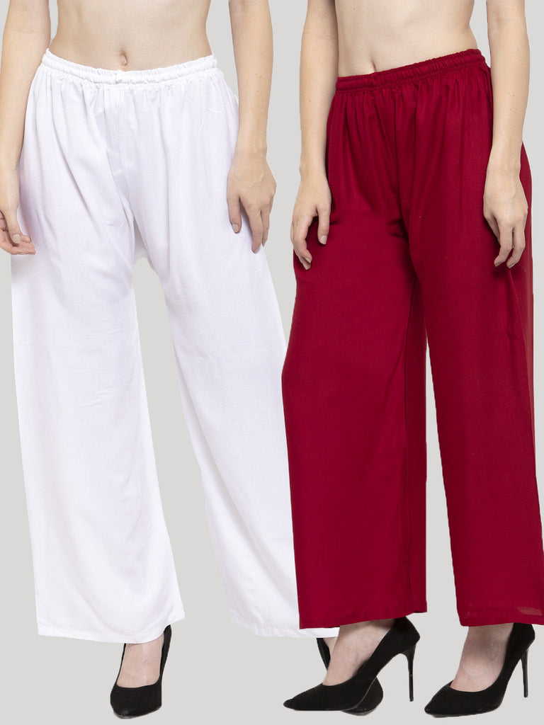 Women's Solid White & Maroon Rayon Palazzo (Pack Of 2)