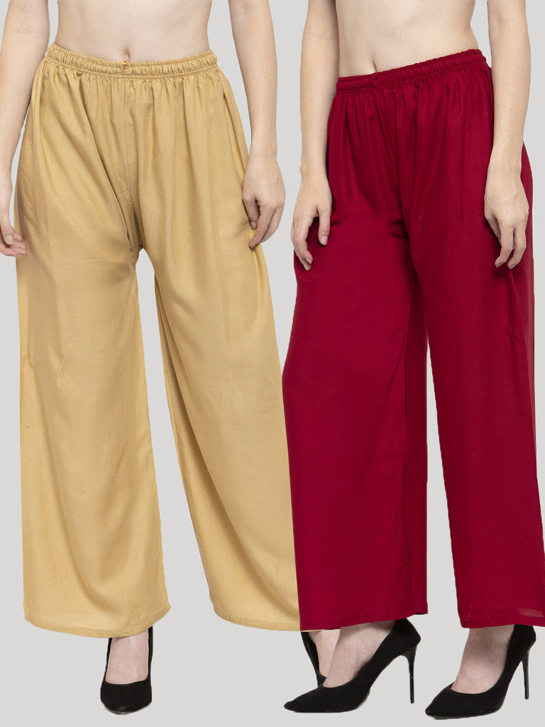Women's Solid Fawn & Maroon Rayon Palazzo (Pack Of 2)