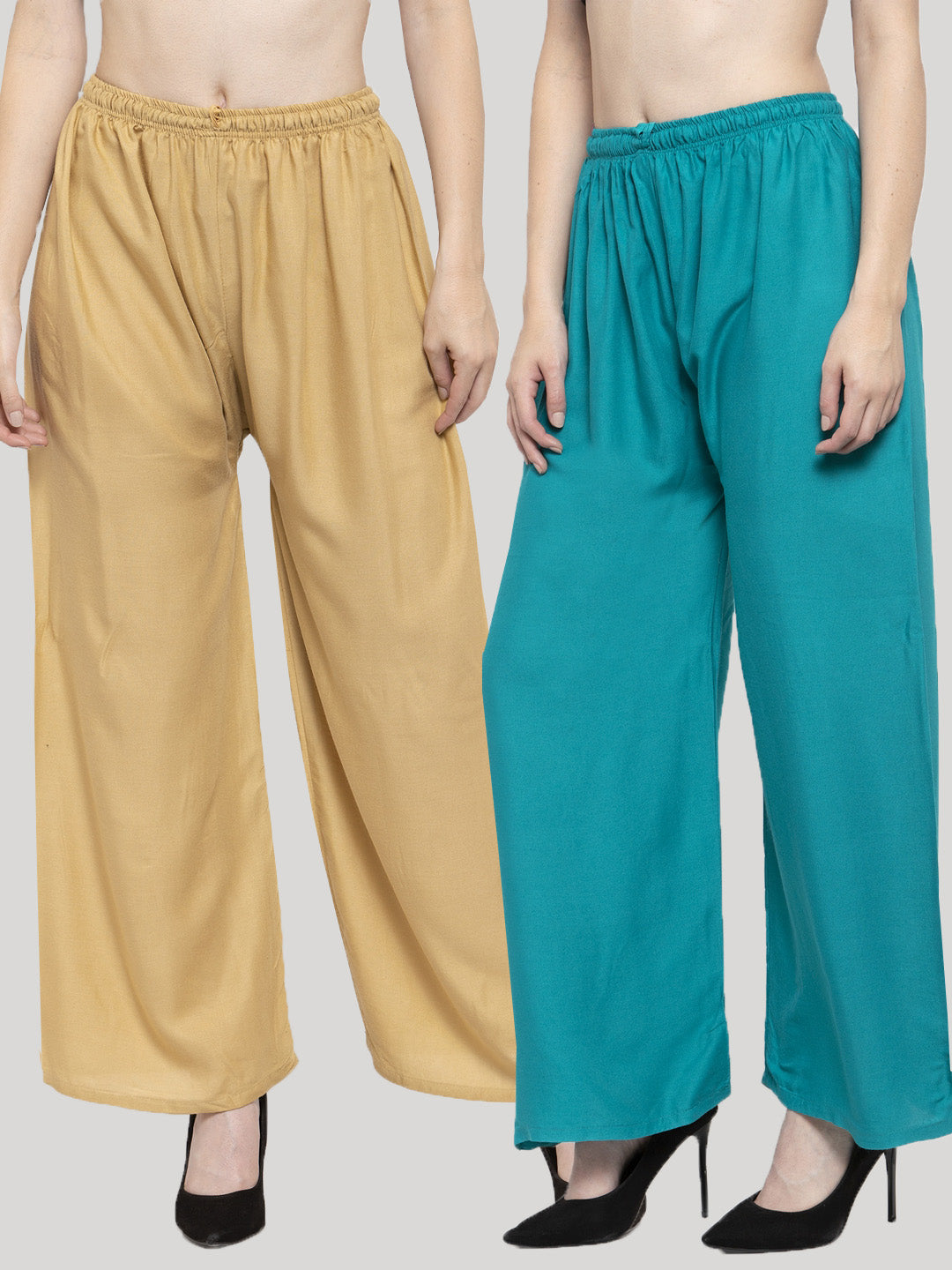 Women's Solid Fawn & Turquoise Rayon Palazzo (Pack Of 2) - Wahe-NOOR