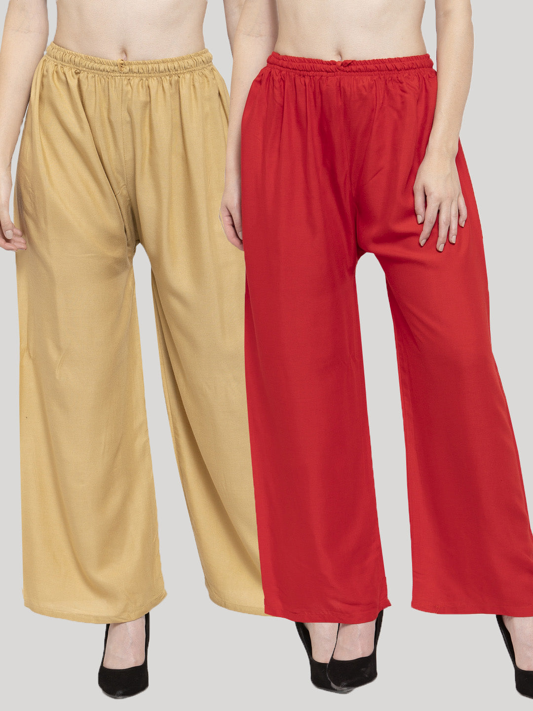 Women's Solid Fawn & Red Rayon Palazzo (Pack Of 2) - Wahe-NOOR