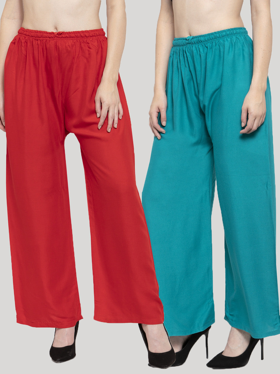 Women's Solid Red & Turquoise Rayon Palazzo (Pack Of 2) - Wahe-NOOR
