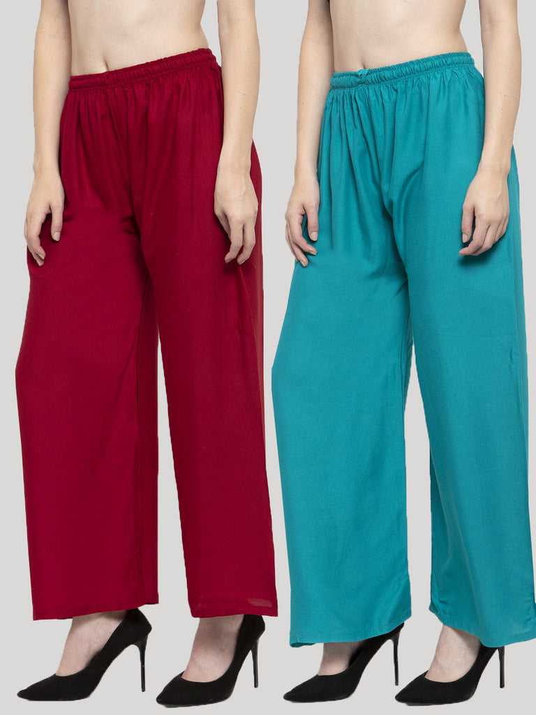 Women's Solid Maroon & Turquoise Rayon Palazzo (Pack Of 2)