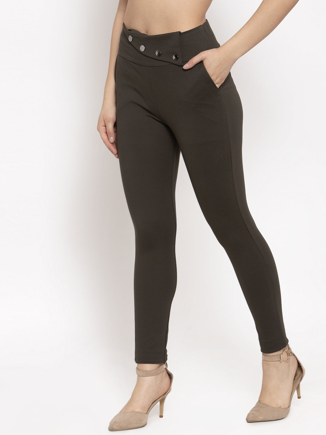 Women's Olive Relaxed Fit Jeggings - Wahe-NOOR