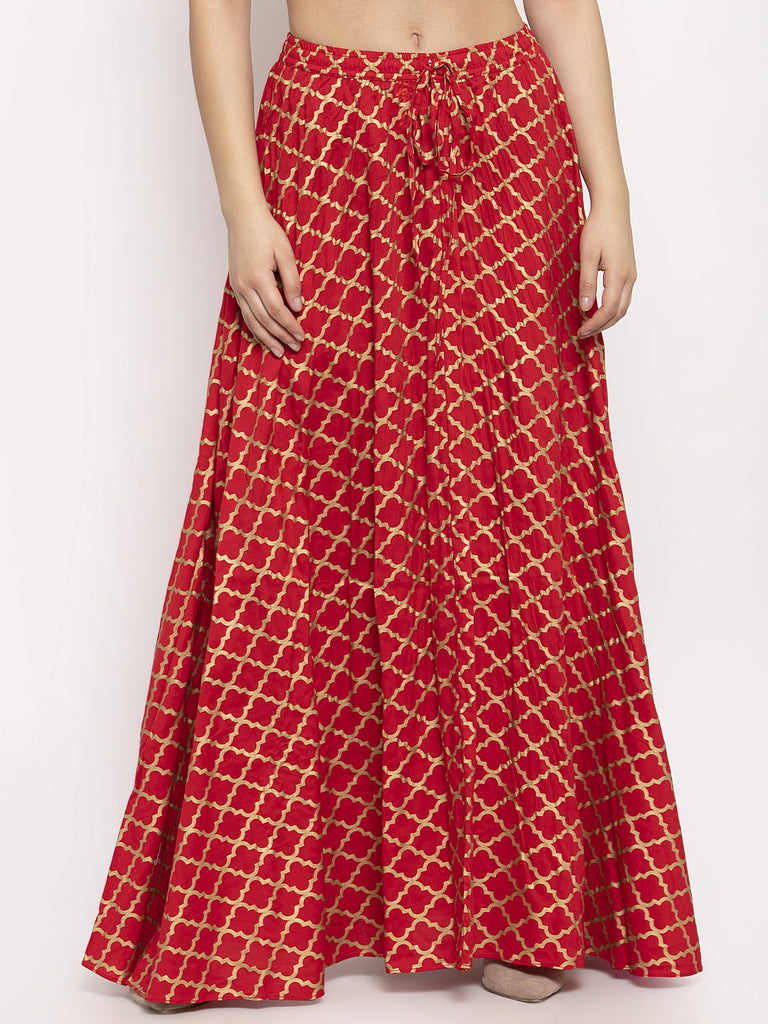 Women's Red Printed Rayon Skirt