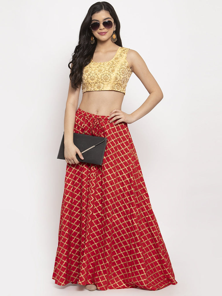 Women's Red Printed Rayon Skirt