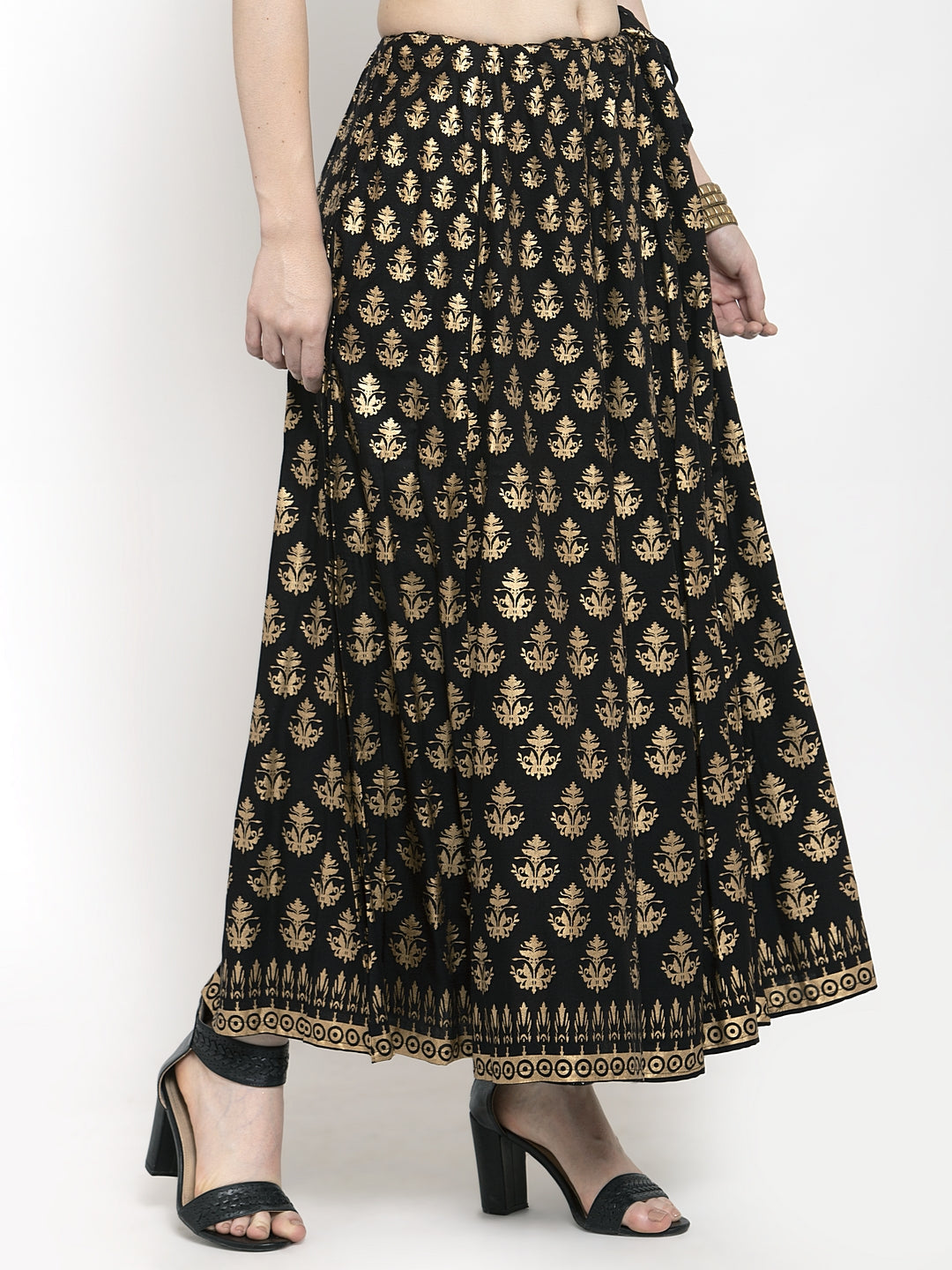 Women's Black Floral Printed Rayon Skirt - Wahe-NOOR