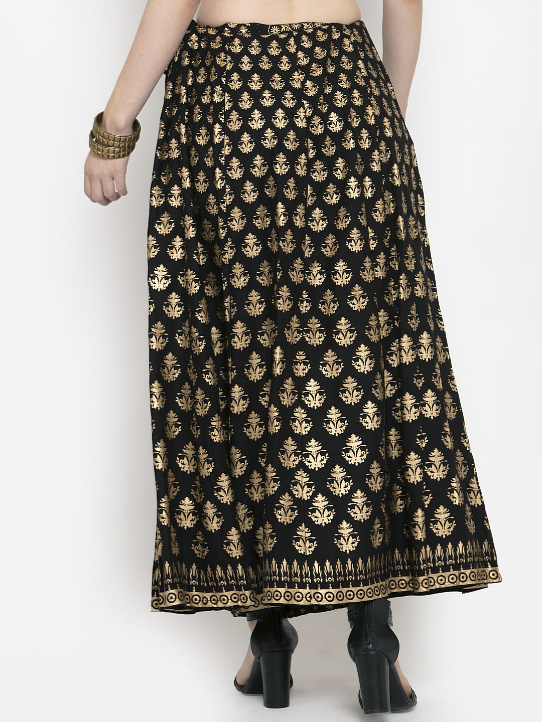 Women's Black Floral Printed Rayon Skirt - Wahe-NOOR