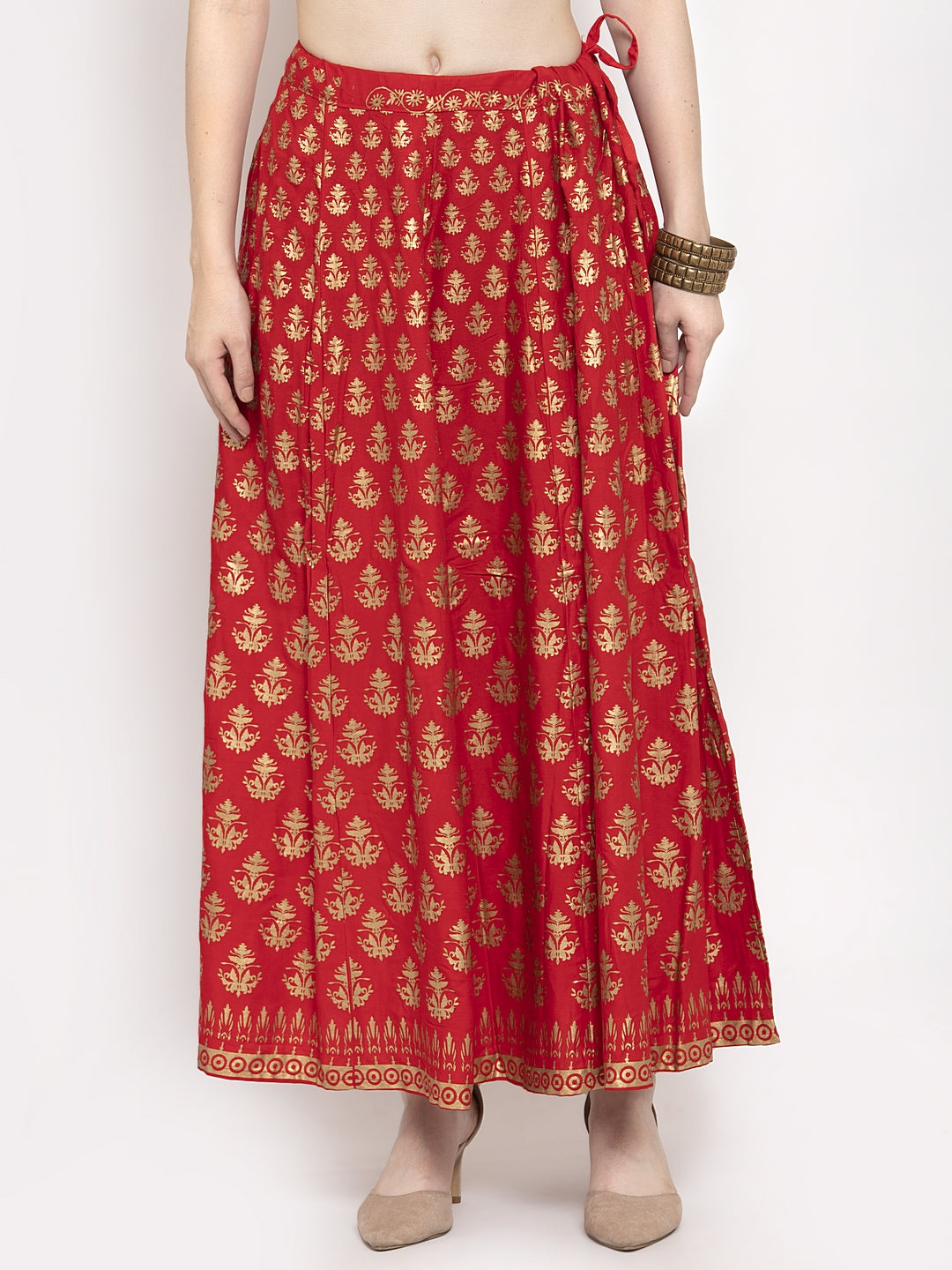 Women's Red Floral Printed Rayon Skirt - Wahe-NOOR