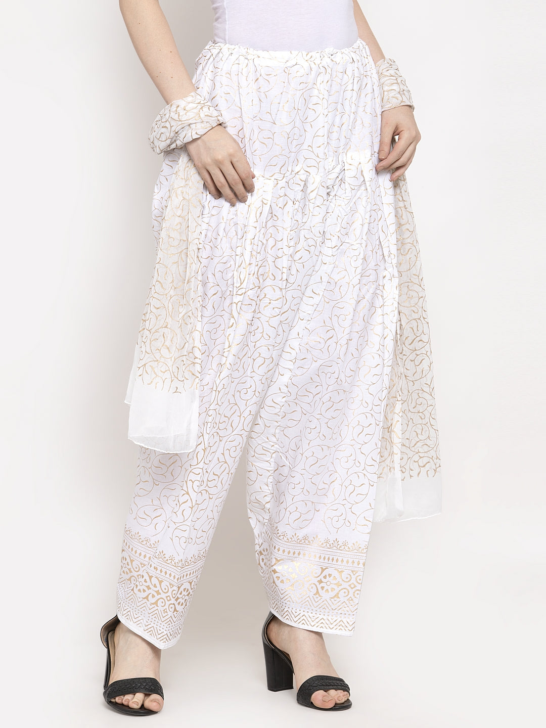 Women's White Printed Salwar Dupatta - Wahe-NOOR