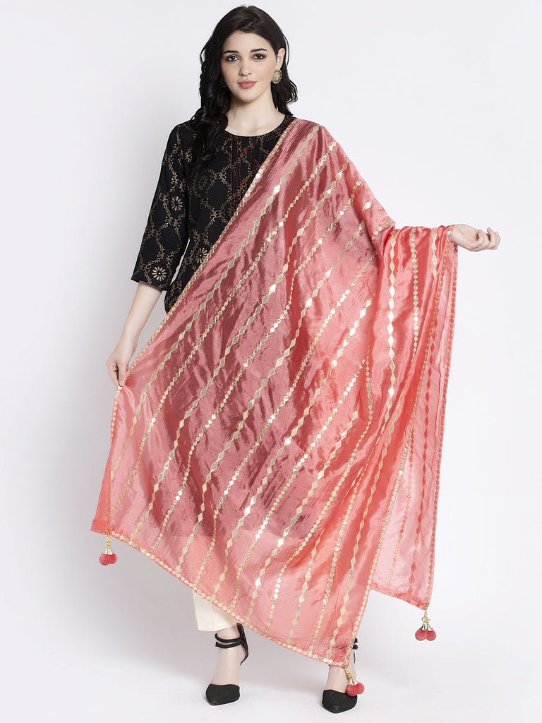 Women's Peach Gotta Patti Poly Silk Dupatta