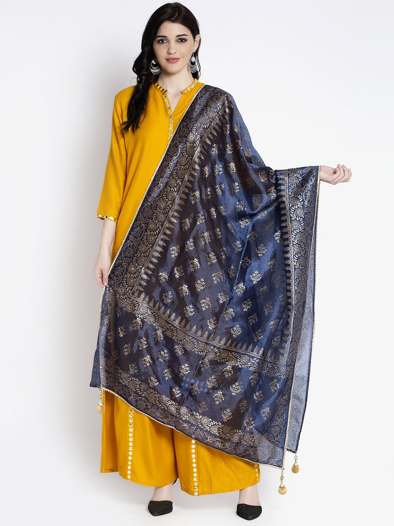 Women's Navy Blue Printed Poly Silk Dupatta