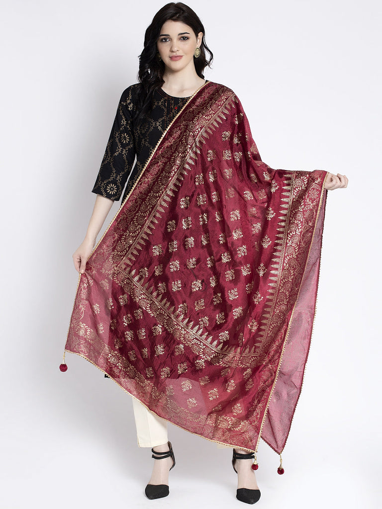 Women's Maroon Printed Poly Silk Dupatta