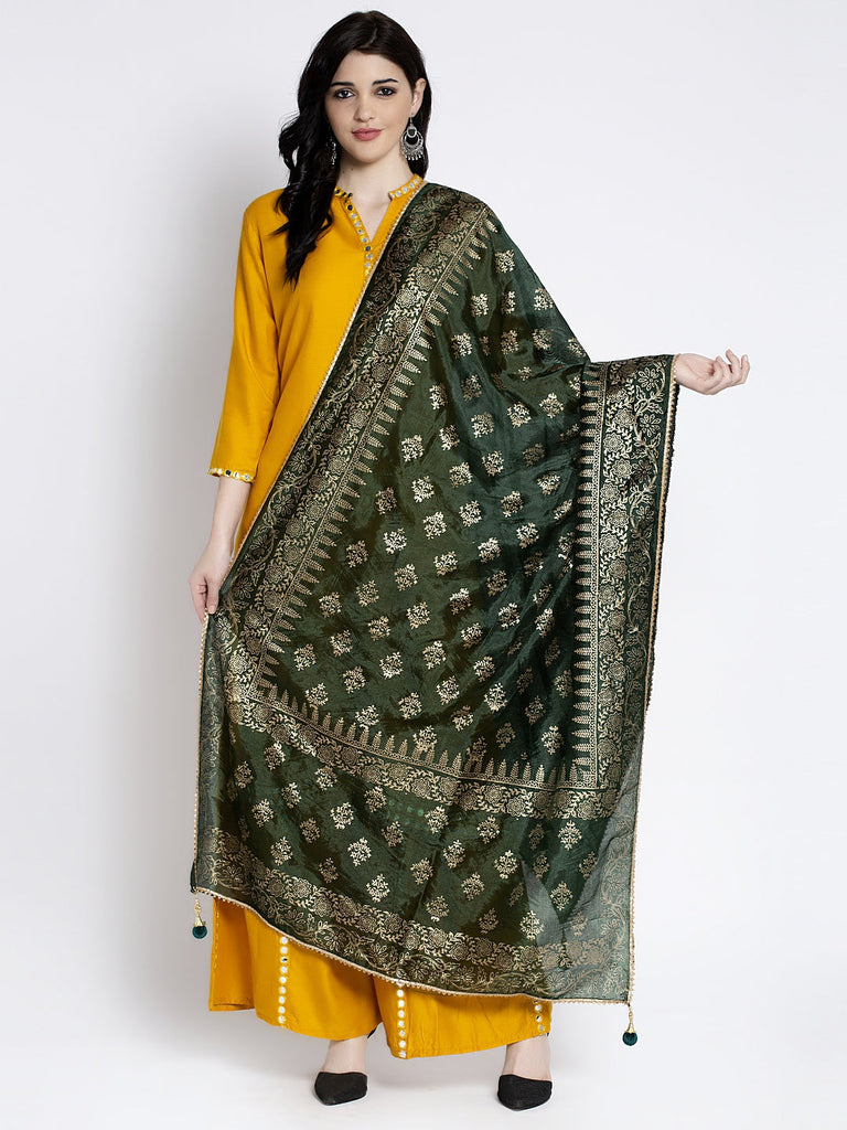 Women's Bottle Green Printed Poly Silk Dupatta