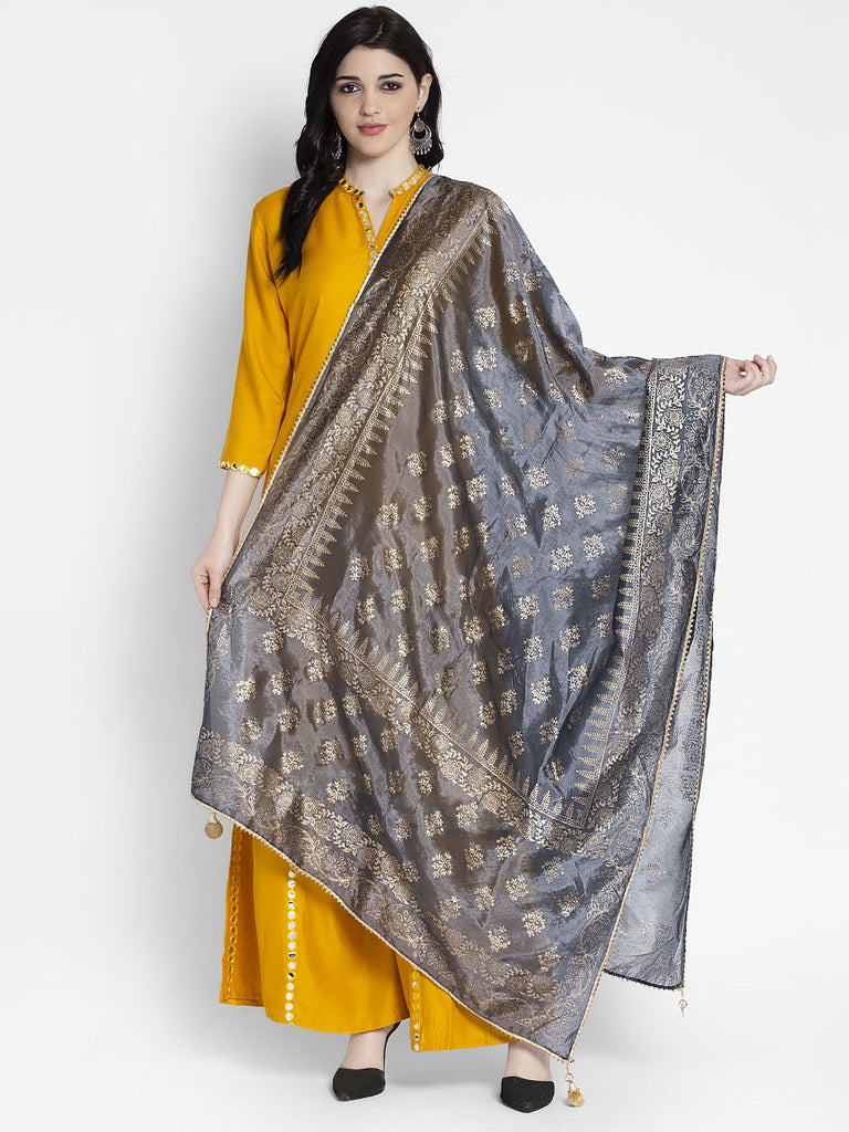 Women's Grey Printed Poly Silk Dupatta