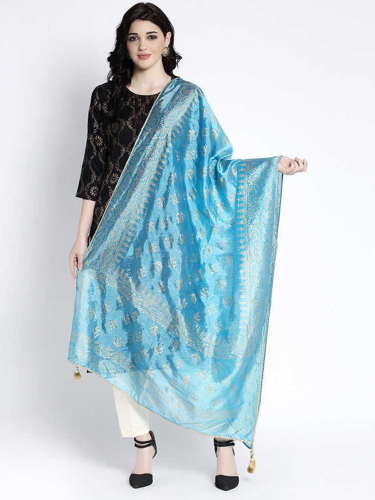 Women's Sky Blue Printed Poly Silk Dupatta
