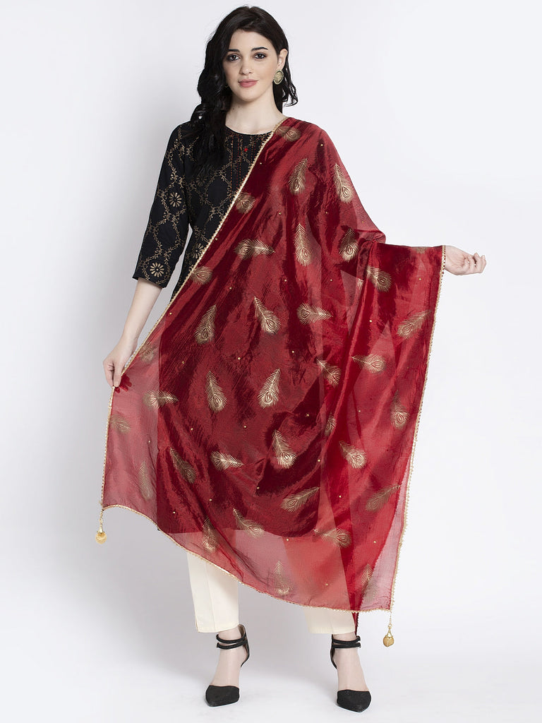 Women's Red Printed Poly Silk Dupatta