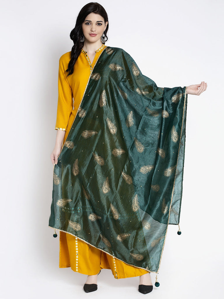Women's Bottle Green Printed Poly Silk Dupatta
