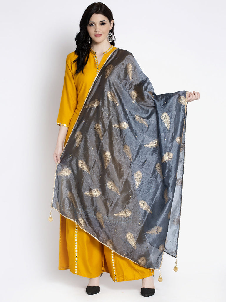 Women's Grey Printed Poly Silk Dupatta