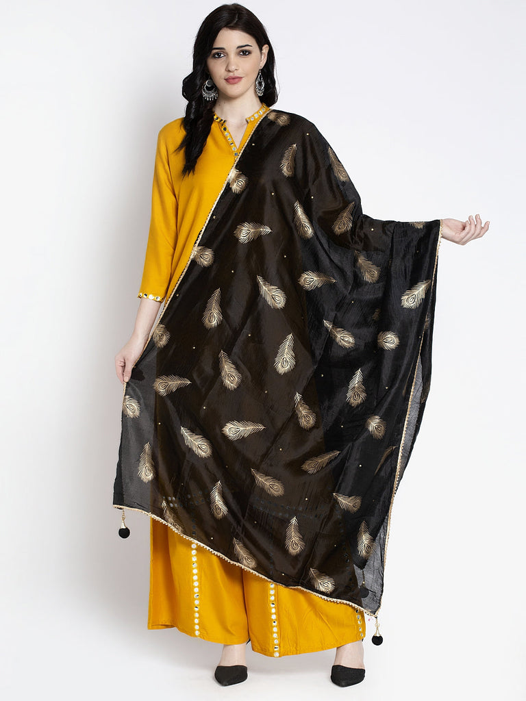 Women's Black Printed Poly Silk Dupatta