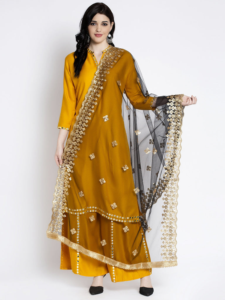 Women's Black Embellished Net Dupatta
