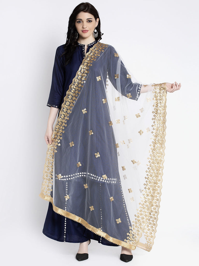 Women's White Embellished Net Dupatta