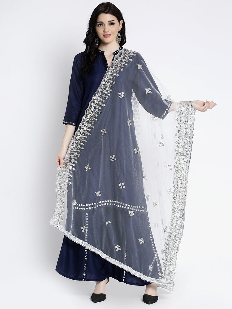 Women's White Embellished Net Dupatta