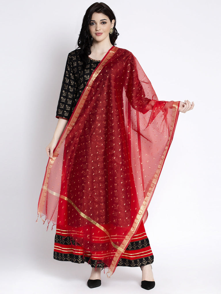 Women's Red Printed Poly Silk Dupatta