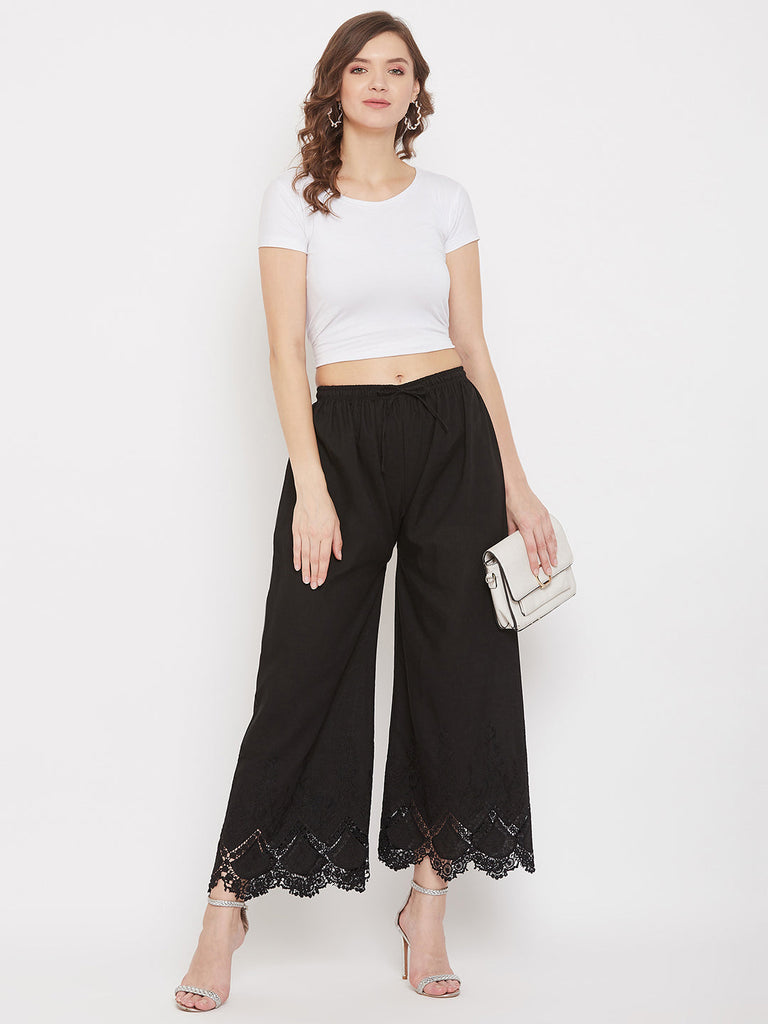 Women's Black Straight Embroidered Palazzo