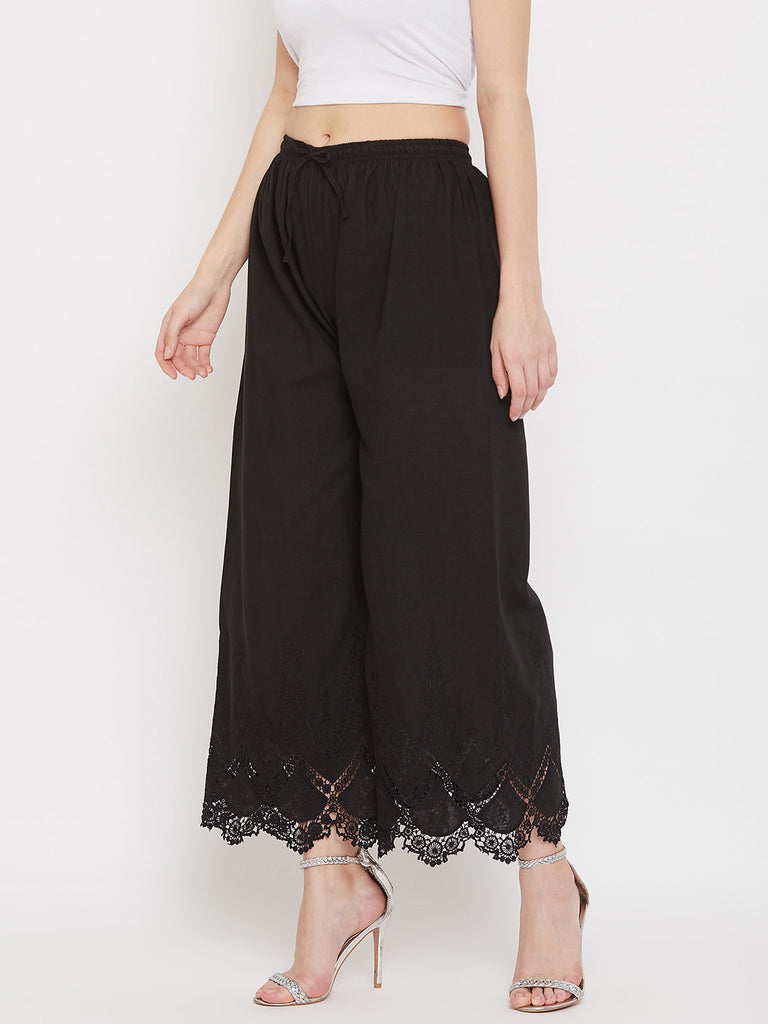 Women's Black Straight Embroidered Palazzo