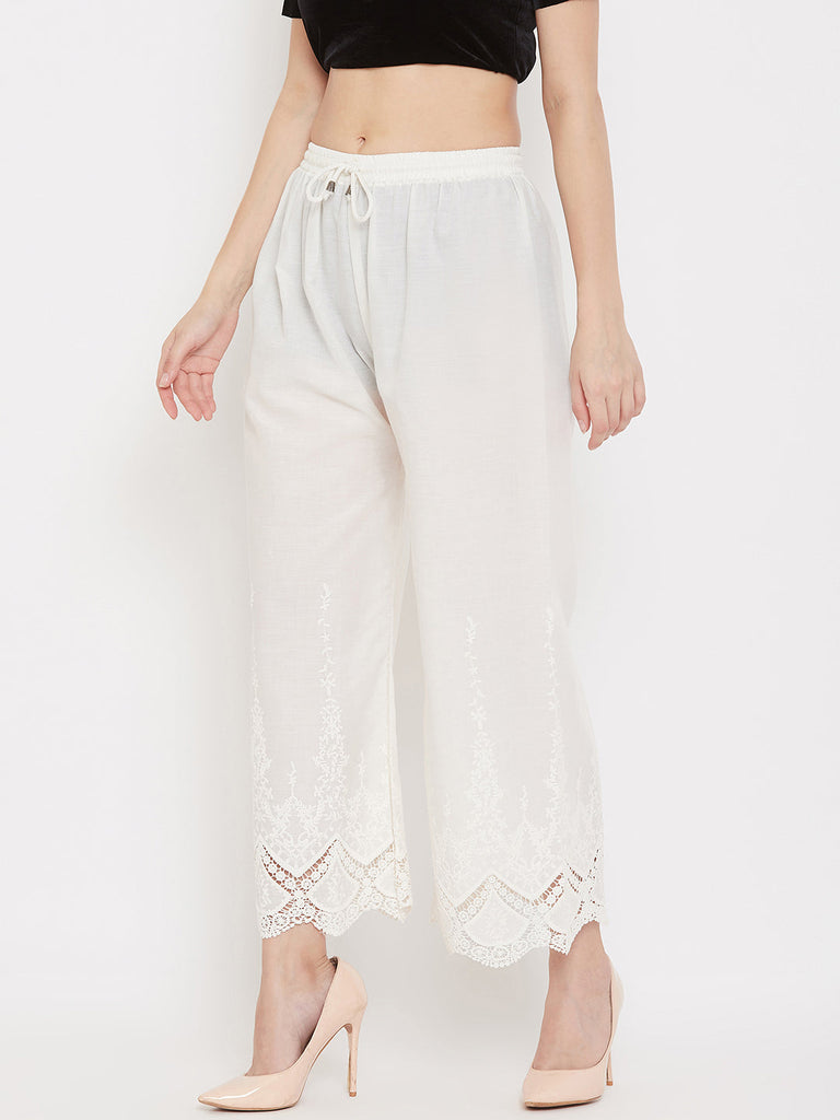 Women's Cream Straight Embroidered Palazzo