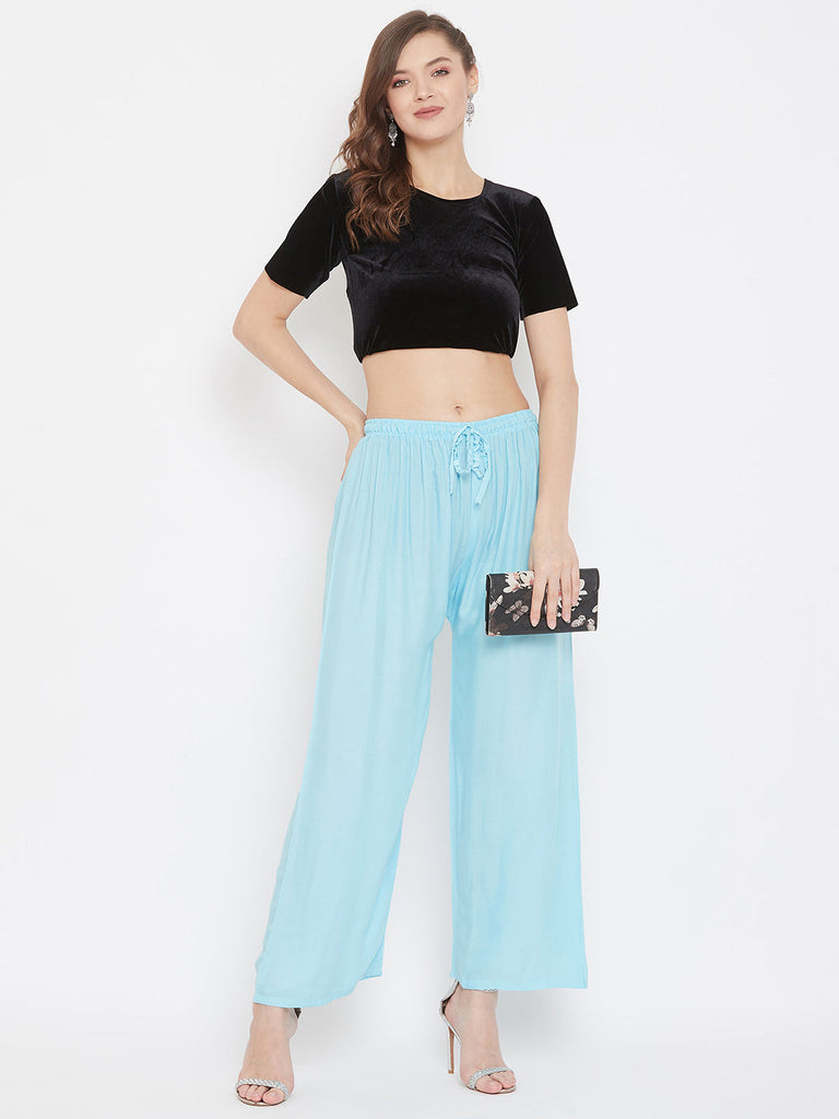 Women's Sky Blue Straight Solid Palazzo